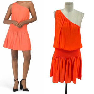 Ramy Brook Leila One Shoulder Smocked Mini Dress Red Orange Size Large
